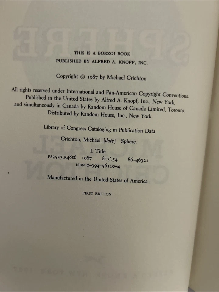 Sphere By Michael Crichton True 1987 1st Edition 1st Printing Alfred A Knopf HC Foto 3 de 4