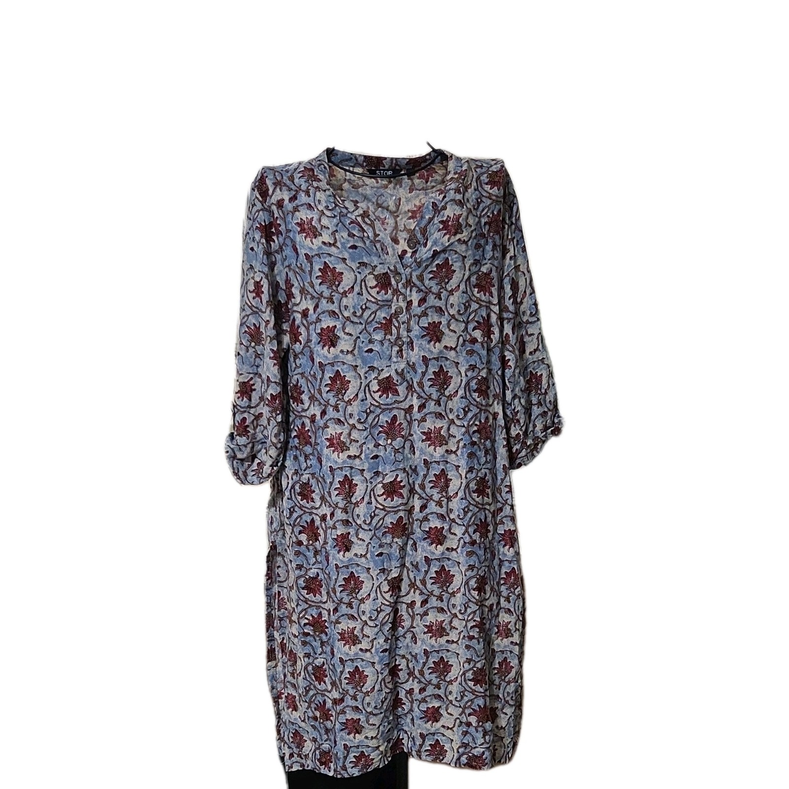STOP L Blue Red Beige Floral Button V-Neck 3/4 Roll Tab Knee Shift Dress
