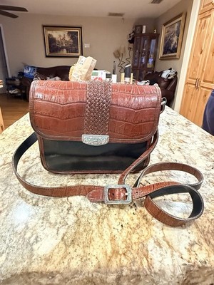 Brighton Gillian Vintage Crossbody Brown Embossed & Black Leather Bag Organizer