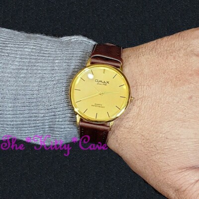 OMAX Klassisch Dünn Unisex Seiko Uhrwerk, Braun Leder Vergoldet Kleid Uhr  SC7491