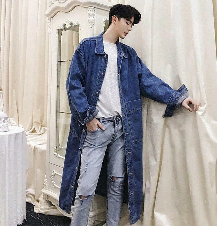 Mens Denim Jacket Trench Coat Loose Casual Thin Jeans Knee Length Long  Outwear