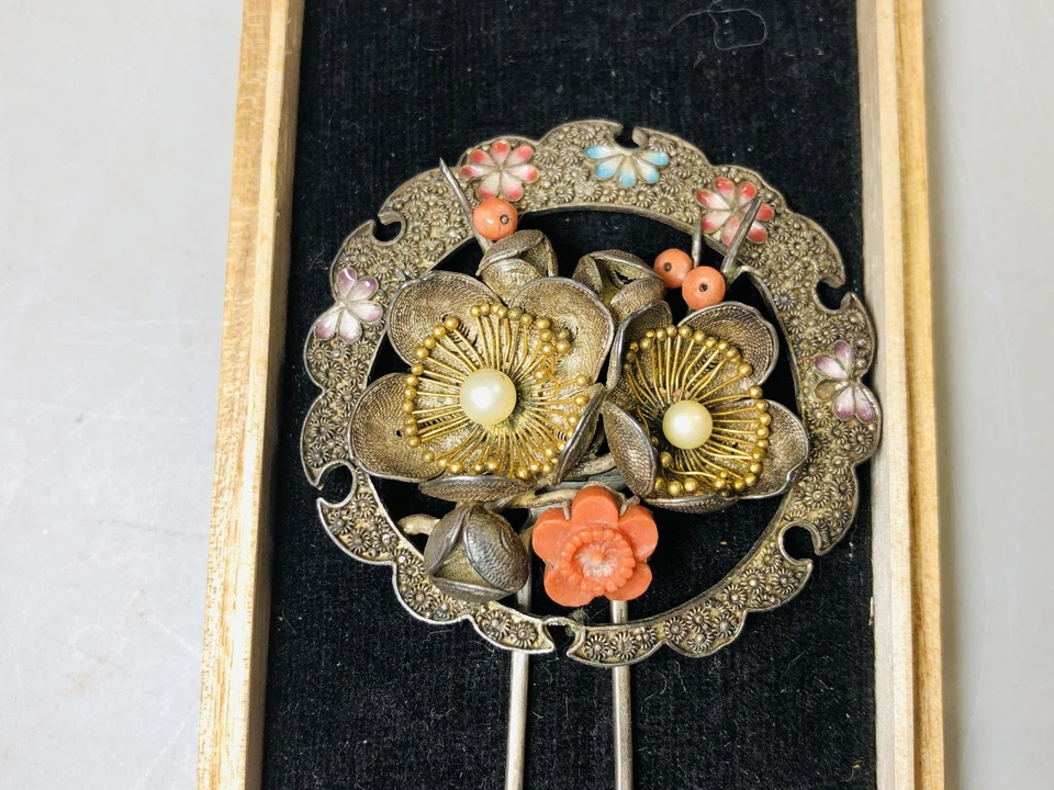 Y5727 KANZASHI Coral Cloisonne Plateado Palo Pin Japón Kimono Antiguo Foto 3 de 4
