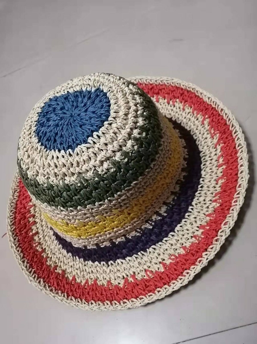 Boho Rainbow Striped Crochet Bucket Hat Women display picture 1