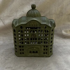 Vtg Antique AC Williams Domed Cast Iron Still Bank Building Green Great Patina!