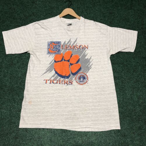 Vintage lata 90. T-shirt Clemson Tigers Single Stitch XL w paski szary wyprodukowany w USA - Zdjęcie 1 z 11