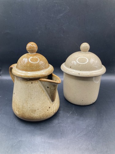 Vintage DANSK Nielstone SPICE Creamer & Sugar W/Lid Japan Speckled Tan Brown