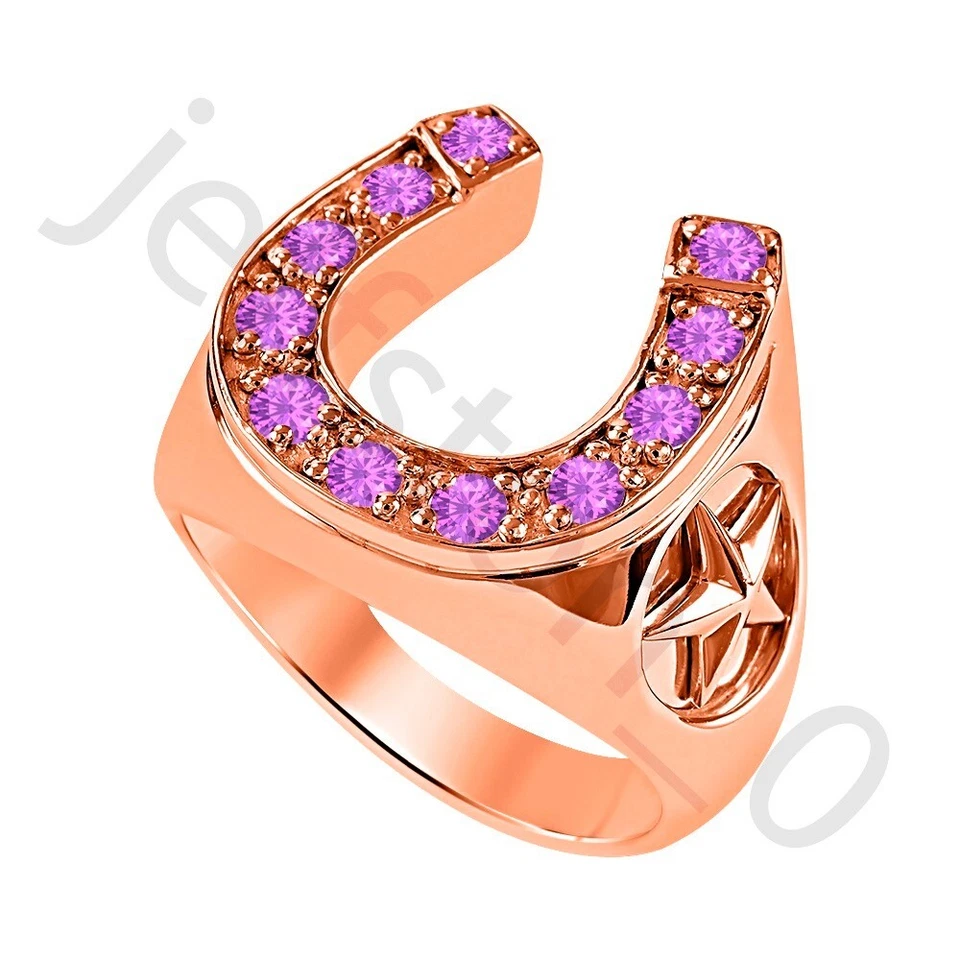 Anillo de herradura de oro rosa de 14 quilates de amatista creada en laboratorio de 0,50 quilates sobre 2 estrellas para hombre Foto 2 de 4