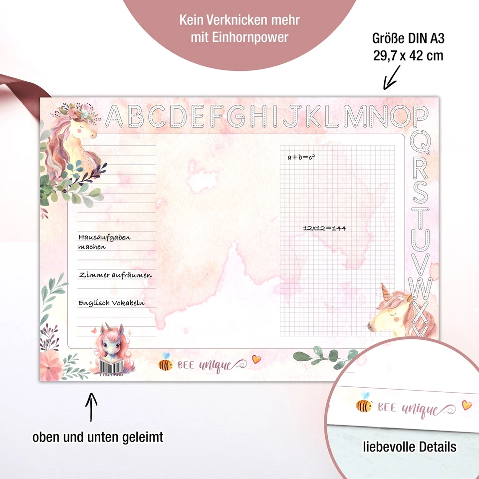 A3 Schreibtischunterlage Block Mädchen Einhorn Schule ABC Malunterlage Unterlage - Bild 3 von 4