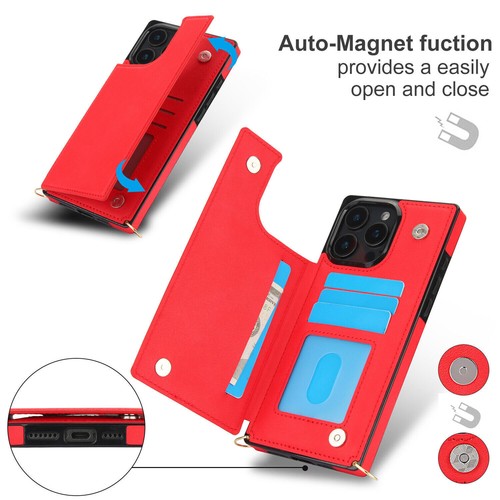 Luxury Leather Crossbody Card Slot Cover Case for 16 15 14 13 12 11 Pro Max XR - Picture 41 of 58