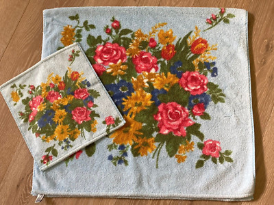 Vintage Terrisol Bath Towel by Karsten Blue Floral 52x28'' w/ Wash Cloth Plush