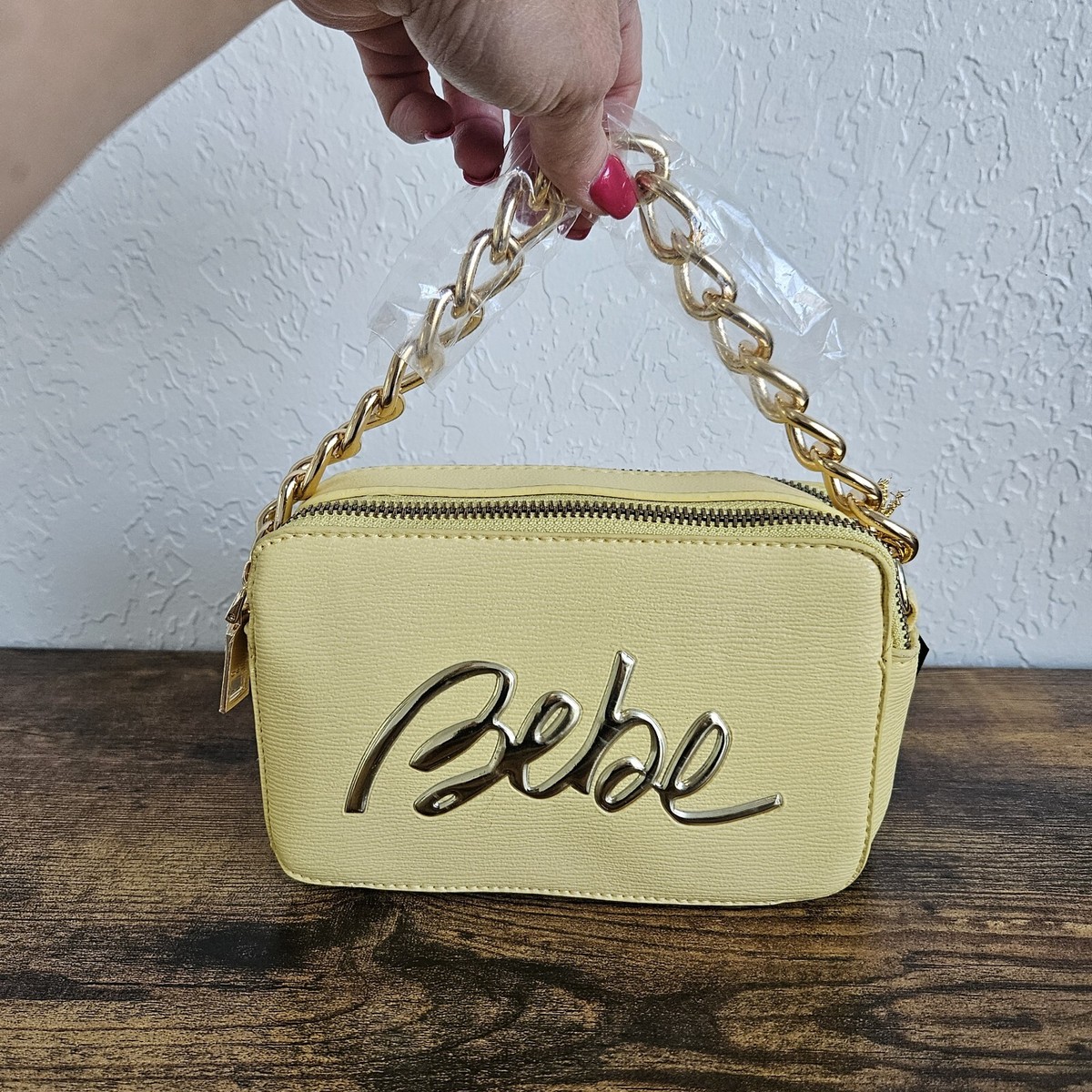 NWT Bebe Gianna Butter Yellow Camera Bag Gold Logo Chain Satchel 