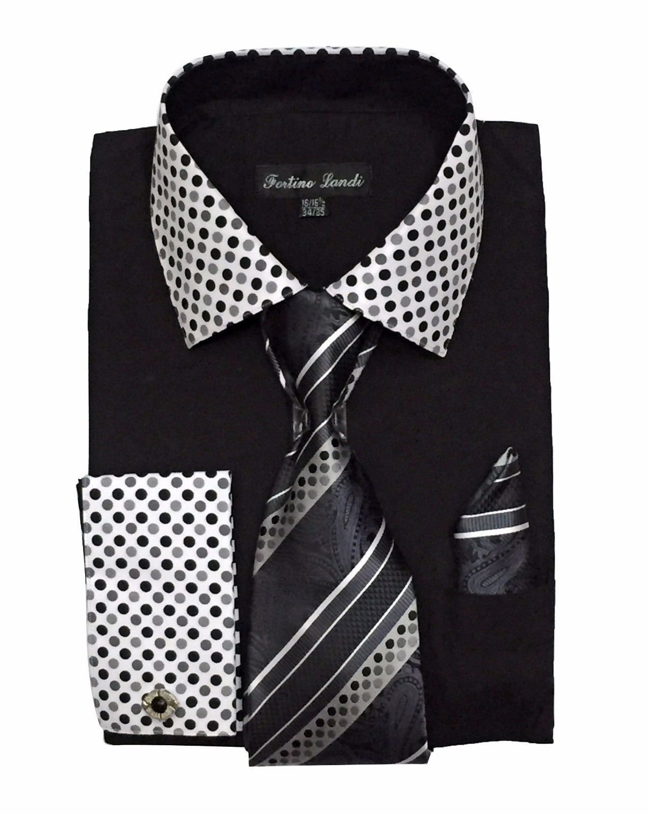 Camicia Uomo Pois French Cuff Con Cravatta E Fazzoletto - Fortino Landi Marrone/Bianco - Foto 3