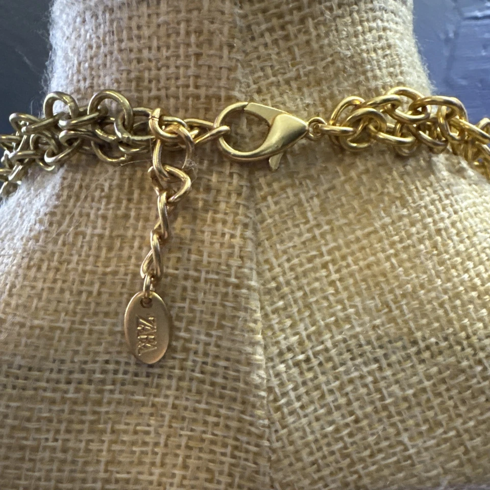 ZARA Large Gold Tone Chunky Bib Necklace Statement Fashion Cocktail Stamped Tag - Image 3 of 3