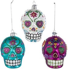 3 Pack Sugar Skull Glass Christmas Ornaments