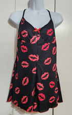 Lips Print Ribbed Romper One Piece Sleepwear Black Red Lettuce Edge No Tag Small