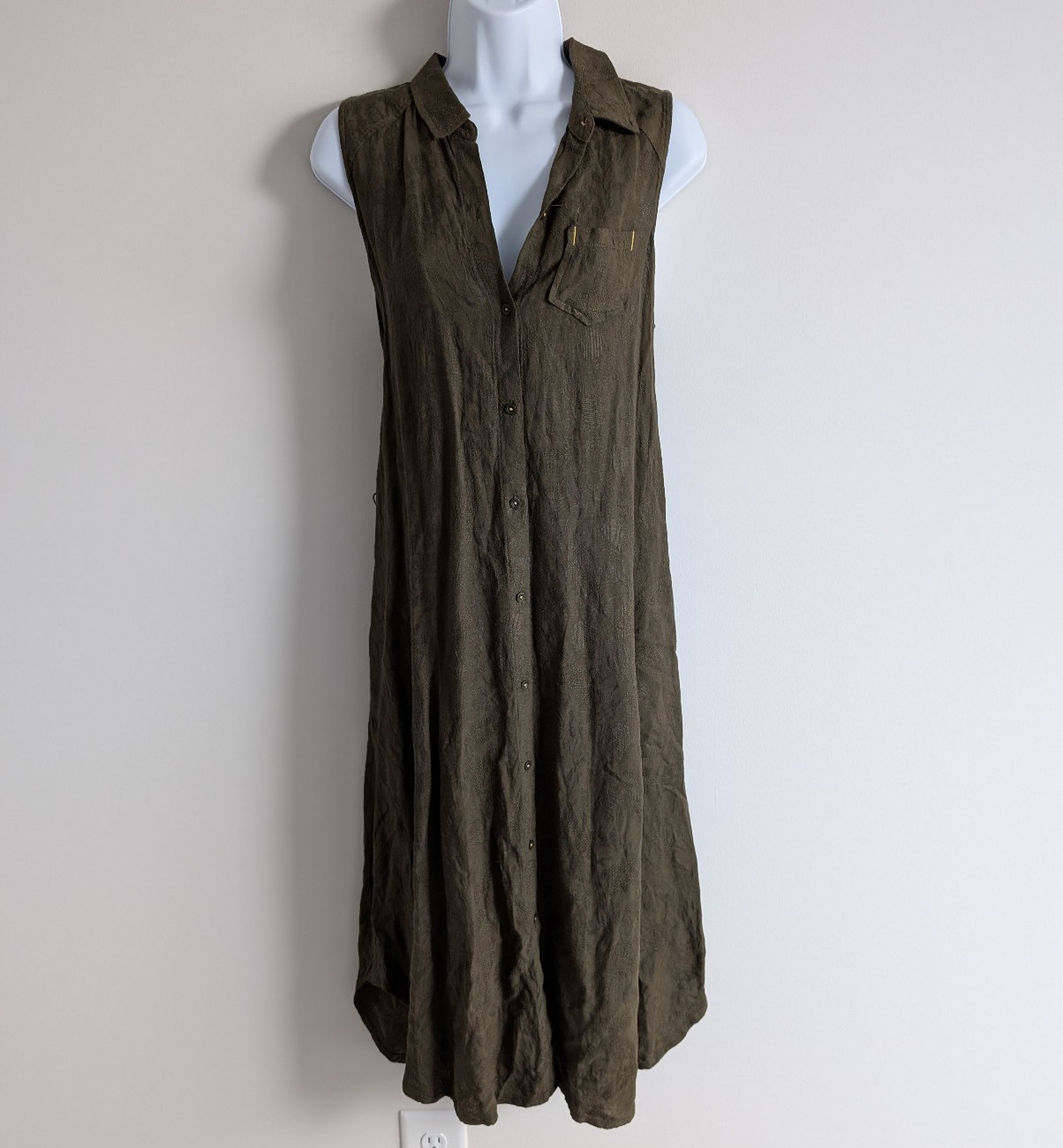 Anthropologie Shirt Dress Womens Small Linen Filet Crochet Coastal Boho Olive
