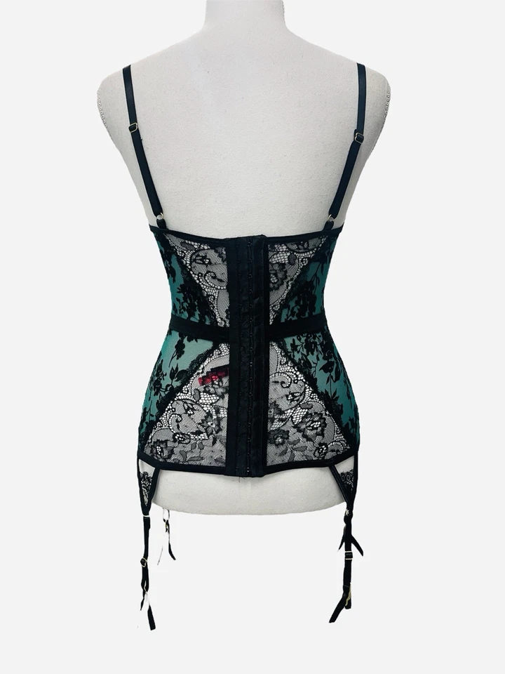 Seven Til Midnight Black Green Floral Garter Chemise Lingerie Mesh Sexy Bustier - Image 4 of 4