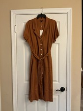 Quince New Brown XL Linen Dress, Women’s Midi Lengh Dress 9 Button Shirt Dress
