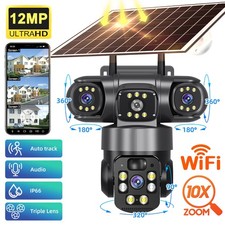 3 Lens 12MP Solar Battery Home Security Camera Outdoor Wifi Wireless PTZ CCTV US