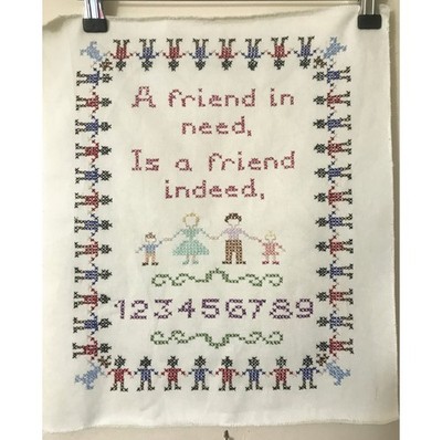 Vintage hand made Sampler Panel ''A Friend In Need'' Cross stitch Ideal framed