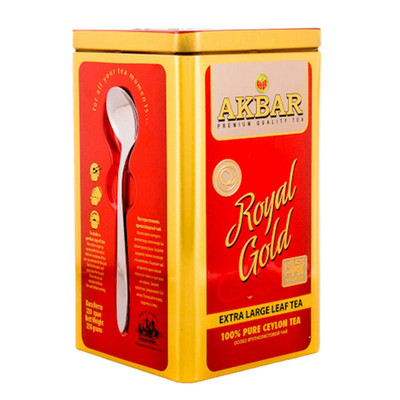 AKBAR ROYAL GOLD BLACK EXTRA LARGE LEAF Ceylon tea 250g GIFT TIN + TEASPOON