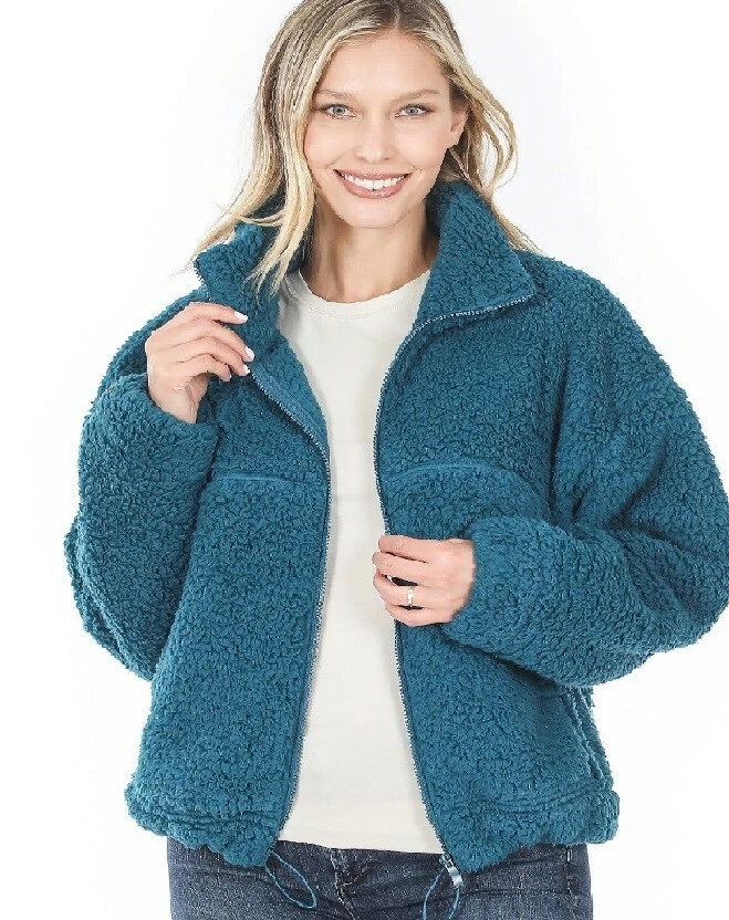 Zenana Jacket Womens Sherpa Zipper Front Pockets Drawstring Waist Teal S M  L XL | eBay