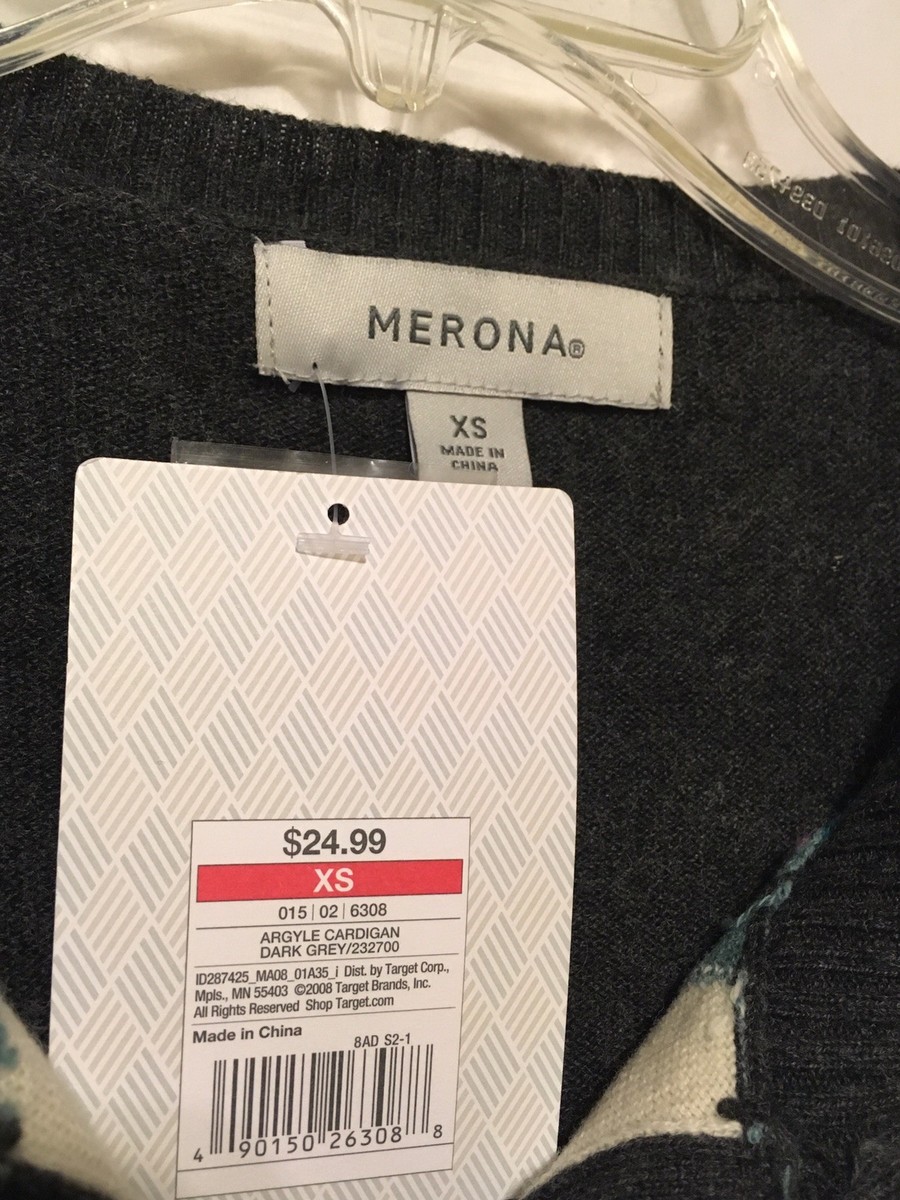 Merona Knit Cardigan Button Argyle Cotton Wool Multicolor Sz XS