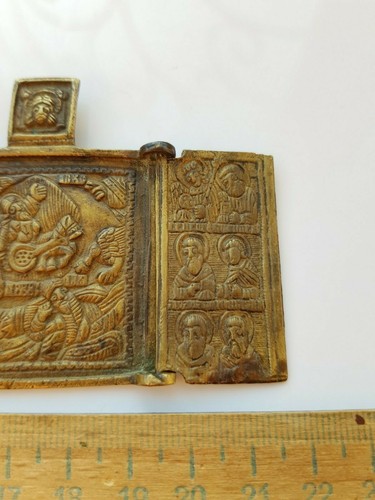 Russian Orthodox 19th century Old Brass Triptych prophet Elijah 9.5*6cm - Picture 4 of 9