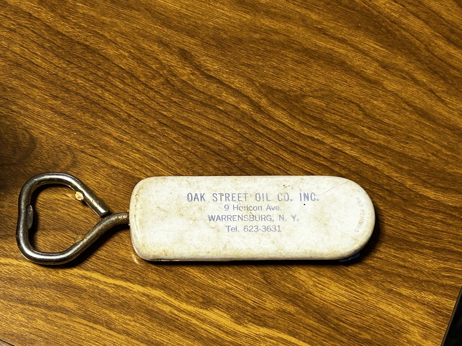 Vintage Oak Street Oil Bottle Opener from Warrensburg New York