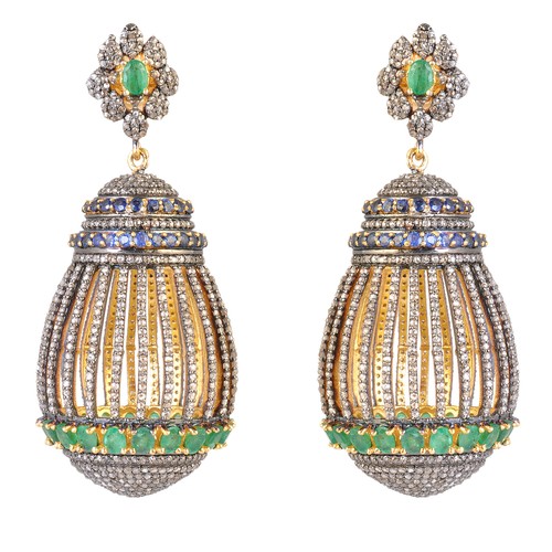 New Sapphire Diamond 14K Gold Emerald Dangle Earrings 925 Silver Vintage Jewelry