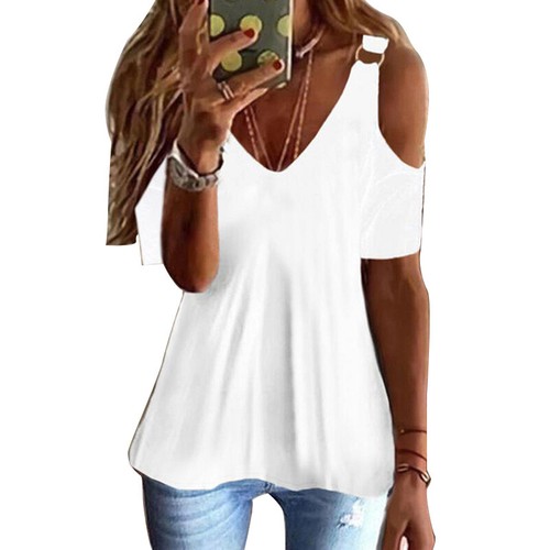 V Neck Women T-Shirt Tunic Tops Tees Pullover Short Sleeve Cold Shoulder Casual - Bild 6 von 11