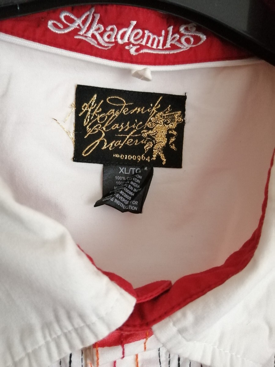 ジョン AKADEMIKS Long Sleeve Button Front Graphic Shirt Red/White XL