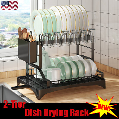 Brand NEW-2-Tier Dish Drying Rack Kitchen Shelf Cutlery Drainer+Drainer Tray US