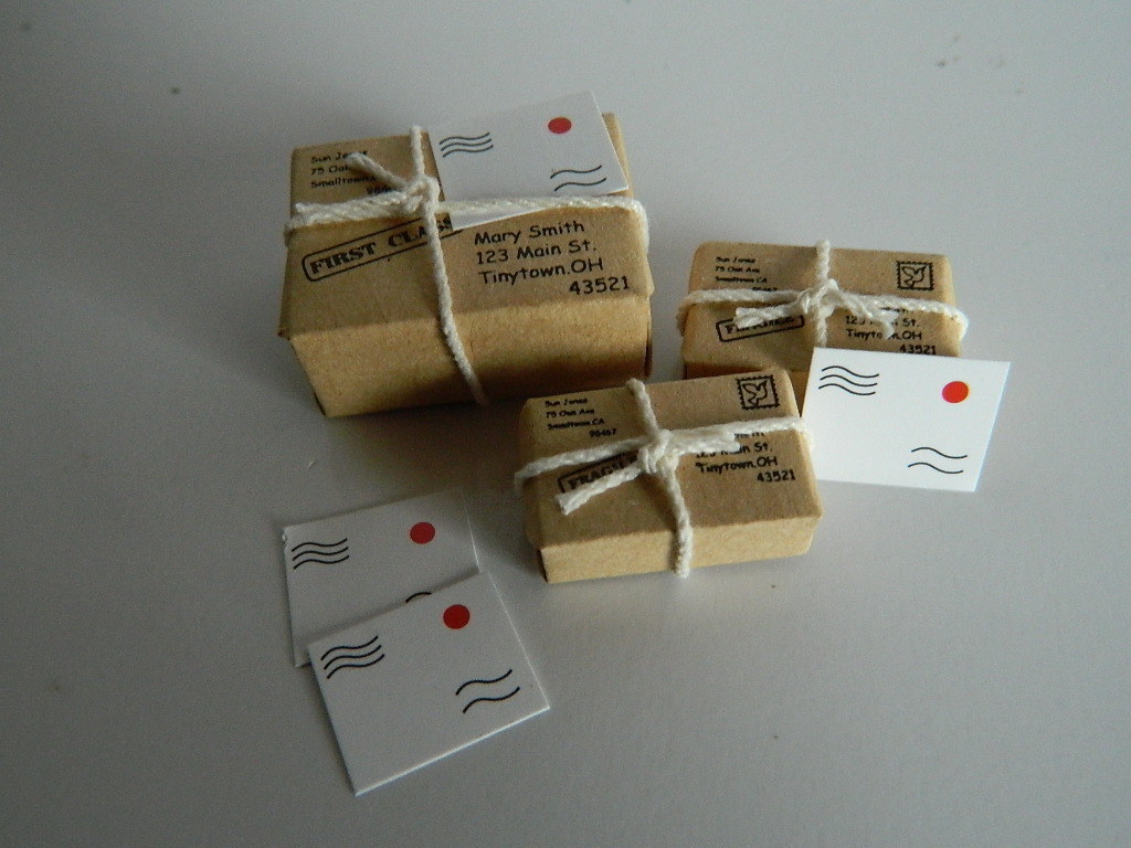 (M1.2) /12th scale DOLLS HOUSE THREE PARCELS AND LETTERS