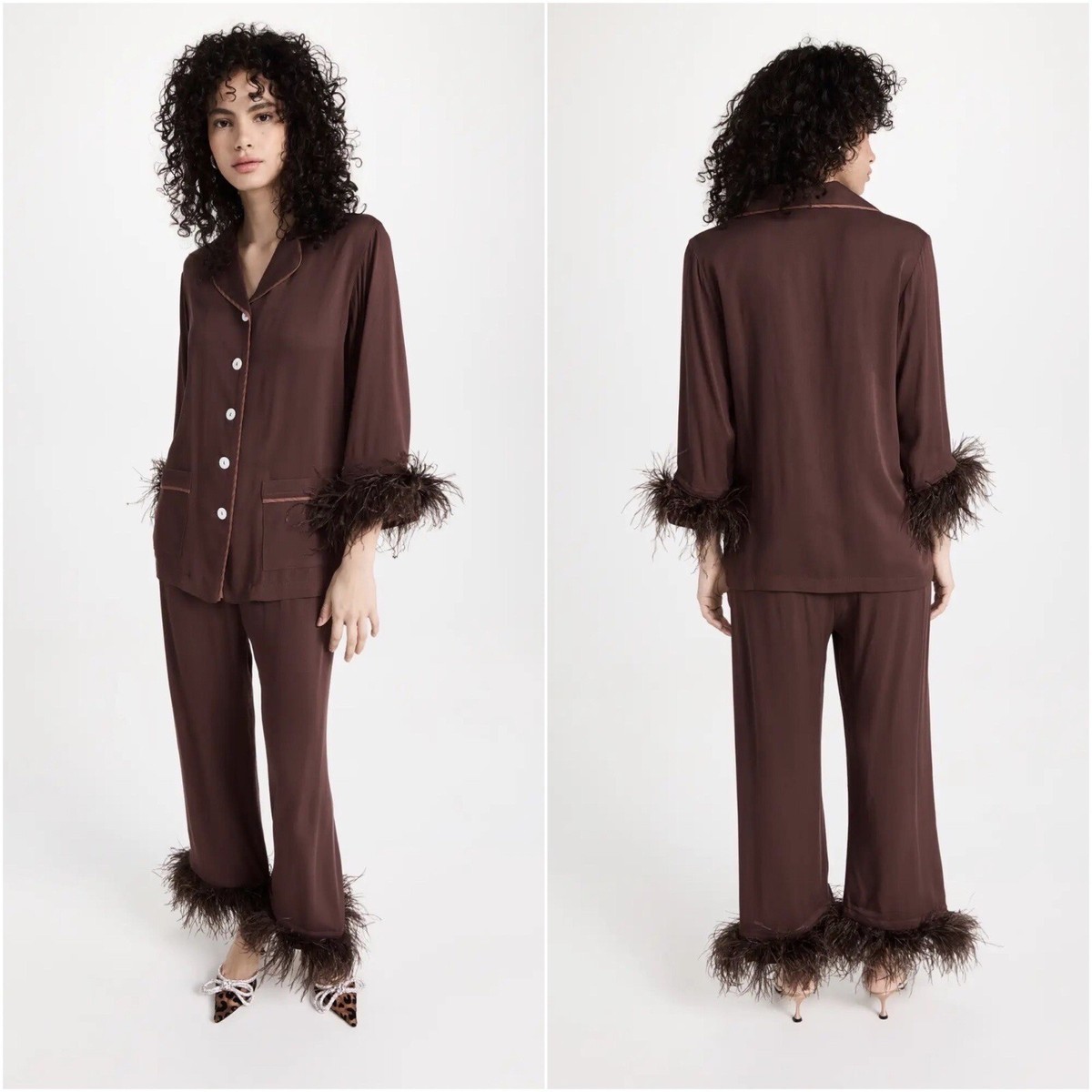 NWT! (XS) Sleeper Party Pajama Set with Detachable Ostrich Feather Trim in  Brown