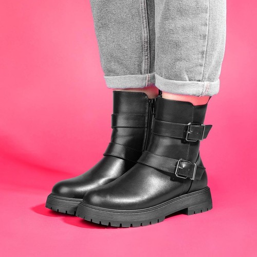 Lilley Womens Boots Black Adults Ladies Ankle Zip Up Chunky Buckles Mildrid SIZE