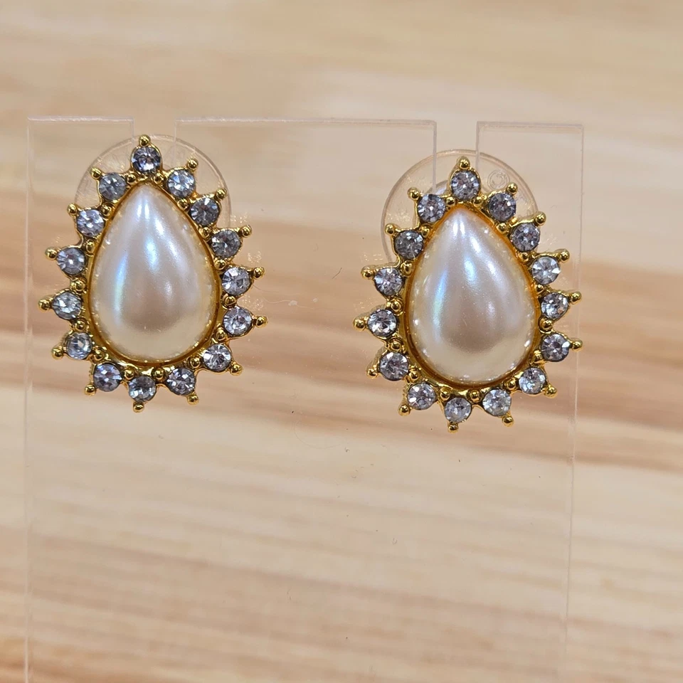 Pendientes Monet Tono Oro Perla Simulada Lágrima Blanco Estrás Poste Foto 4 de 4