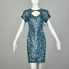 Small Blue Cocktail Party Dress Teal Sequin Short Sleeve Key Hole Bust VTG 80s