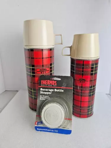 King-Seeley Thermos 73’ Red Plaid Set 2395 & 2242 Vintage Soup Drink Containers