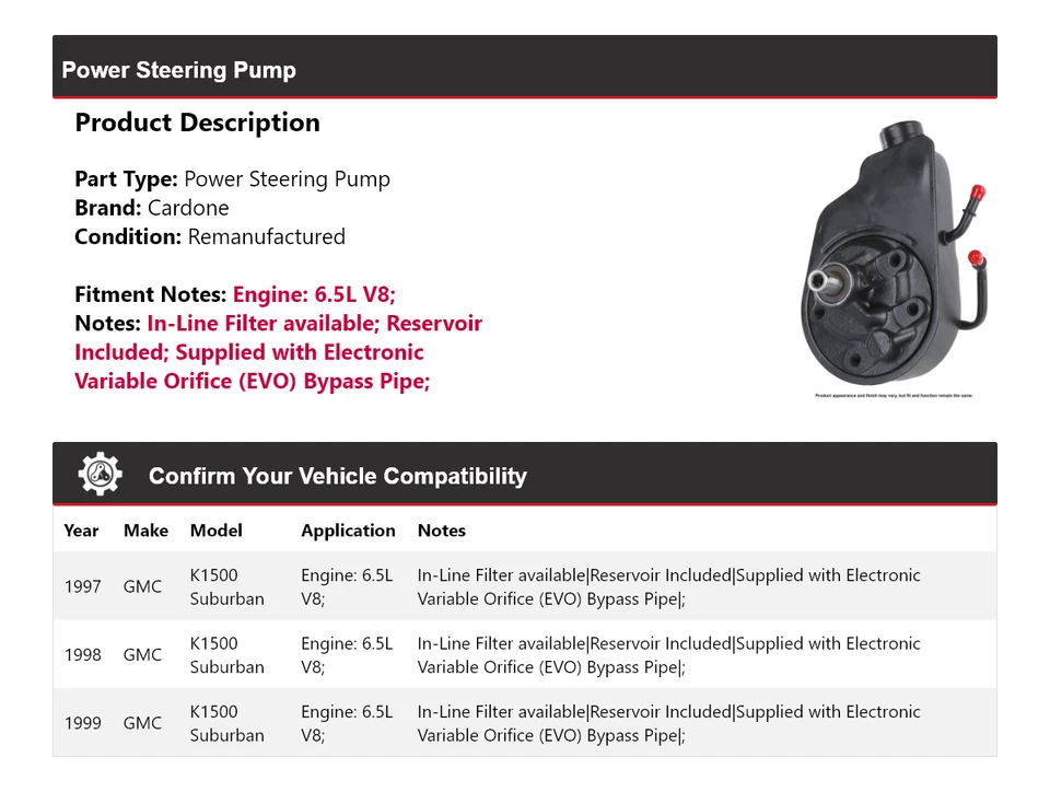 For 1997-1999 GMC K1500 Suburban 6.5L V8 Power Steering Pump Cardone 1998 - Image 2 of 4