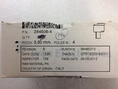 284506-4 TYCO CONN TERM BLOCK PLUG 4POS STR 3.5MM 12 PCS
