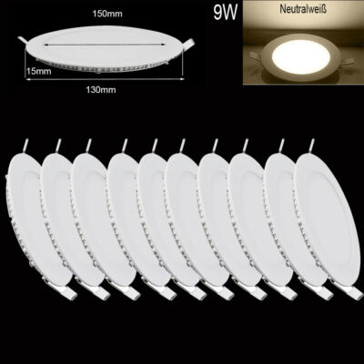 10X 9W LED Panel Einbaustrahler Deckenleuchte Flat Wandlampe Neutralweiß Rund