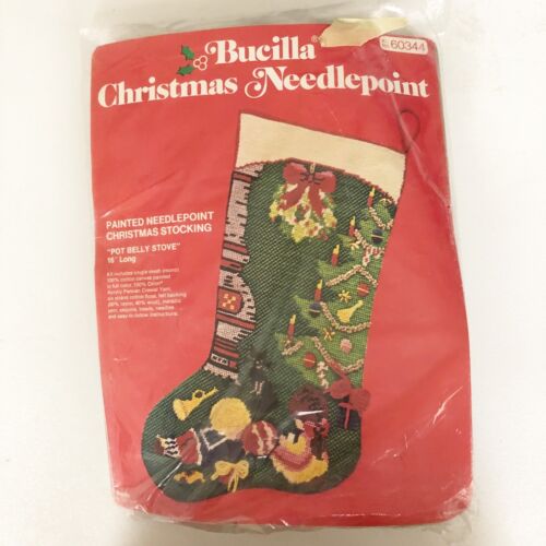 Vintage Bucilla Pot Belly Stove Needlepoint Christmas Stocking Kit #60344 Sealed - Picture 1 of 3