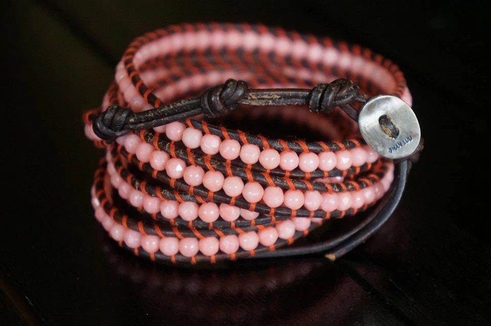 NUEVO Diseñador Chan Luu Rosa Facetado Piedras SemiPreciosas Cuero 5 Envolturas Pulsera Foto 2 de 3