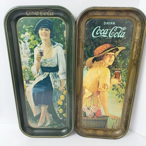 Set of 2 Vintage 1970s Coca-Cola Girls 19" Tin Rectangular Serving Bar Trays