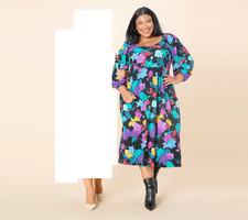 AnyBody Daydreamer Knit Dress with Smocking-Black Floral-Petite Medium A619748