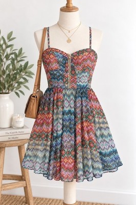NWT Guess Tanya Dress Size 14 Multicolor Fit Flare Zip Front Boho Sundress