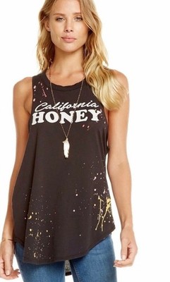 CHASER California Honey Graphic Tank Top Sz XS Black Multicolor Paint Splatter
