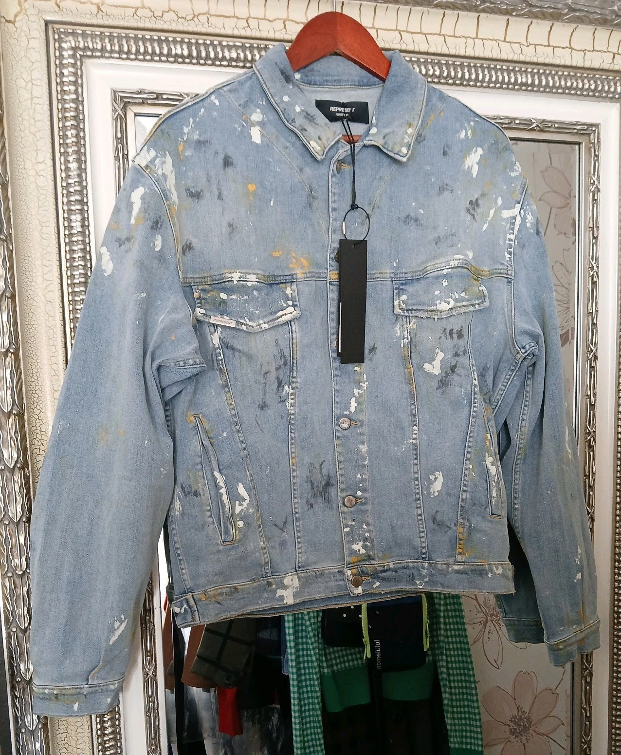 New REPRESENT Men's Light Blue Denim Distressed Paint Splatter Utility Jacket M