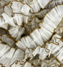 VTG Wrights Trims White Organza Pleated Ruffle Trim Gold Edging 12 yds x 1 3/4